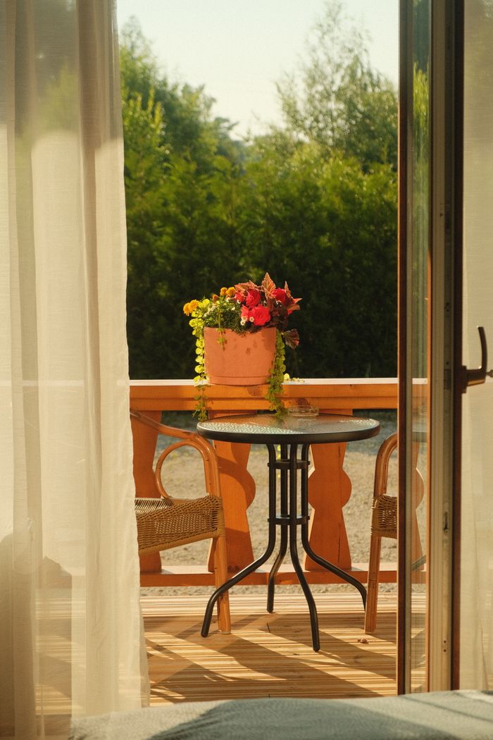 Sunlit balcony with a potted plant, perfect for relaxation and nature views.